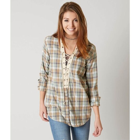 Gimmicks by BKE Blue and Tan Plaid Flannel Lace Up Long Sleeve Shirt Size L - Picture 1 of 14